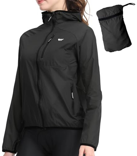 Wulibike Fahrradjacke Damen Faltbare Regenjacke Leicht und Atmungsaktiv Laufjacke Reflektierende Windbreaker für Radfahren,Trekking und Outdoor Schwarz A4=L