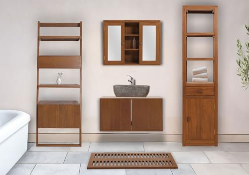 Mendler Teak-Badezimmer-Set HWC-M86, Waschtisch Regal Leiterregal Wandspiegel Badematte, hochwertiges B-Grade-Teak