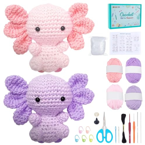 FREEBLOSS 2 Set Häkelset Für Anfänger Häkelsalamander Set Häkel Axolotl Starterset Mit Schritt Für Schritt Videoanleitungen Häkel Starterset Häkelset Basteln Für Erwachsene