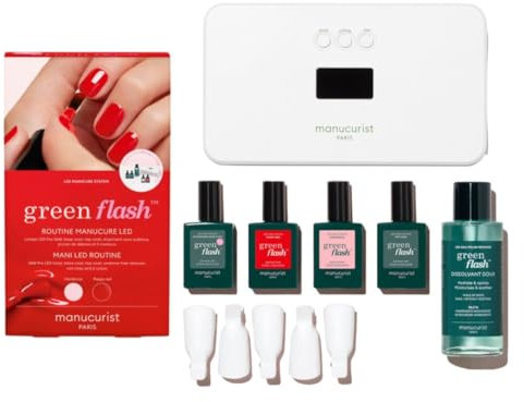 Manucurist - New Green Flash Slim Gel Nail Polish Kit - 36W LED Nail Lamp with Base Coat + Top Coat + 2 Colors: Poppy Red Polish & Pale Pink Hortencia + Gel Nail Lamp + Polish Remover + Nail Clipsel