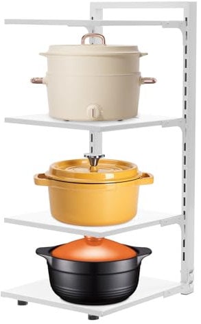 Pots and Pans Organiser, 4 Tier Pan Stand Snap-on Stew Saucepan Stand, Freestanding Carbon Steel Pan Stand for Kitchen Counter Cabinet, Pot Organizer, Drain Hole Design, 27x23x53 cm (White)
