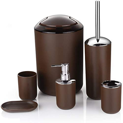 6-teiliges Badezimmer-Accessoires-Set aus Kunststoff, mit Lotionflaschen, Zahnbürstenhalter, Seifenschale, Bürste, Mülleimer, Braun