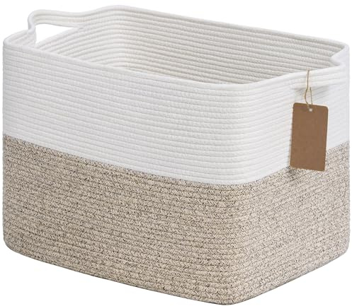 TIMEYARD 50L Woven Storage Basket Rope Laundry Blanket Basket Brown White | 46x36x30cm Cotton Basket for Laundry Toys Blankets Household Storage. Rectangle Basket with Handles for Bedroom Living Room