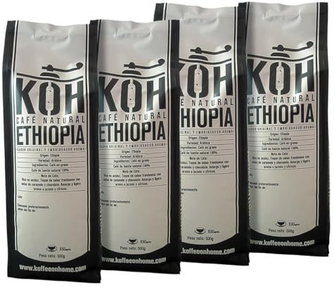 KoffeeONHOME Café Etiopia en Grano Arábica Tueste Natural (4x500 g) - Pack 2 kg