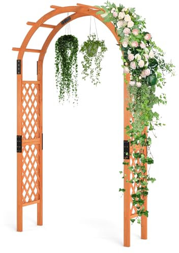 HOMASIS Gartenbogen Holz, Rosenbogen für Rosen & Kletterpflanzen, Rankhilfe für Hochzeit Garten Partys, Rankgitter Spalier Torbogen Rosengitter Pflanzenstütze mit Dach (Orange, 132x45,5x235cm)