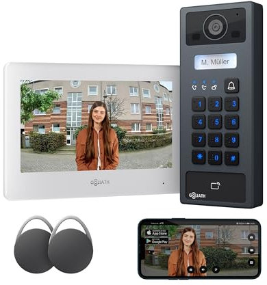 GOLIATH Basic 2-Draht Bus Video-Türsprechanlage, Full-HD, App-Steuerung, 7 Monitor in Weiß, RFID & Keypad, 1-Familienhaus, Aufputz, AV-BLS-K-01W