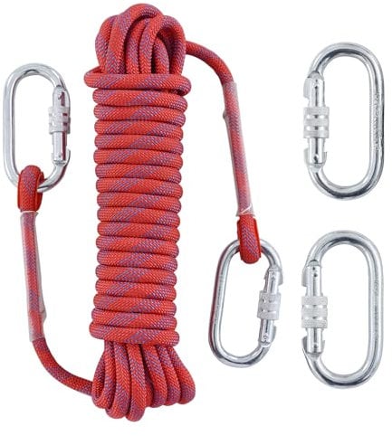 LZ.MZXU Cuerda Escalada 10M, 10mm Cuerda de Escalada Cuerda de Seguridad Nylon Cuerda Cuerdas de Rescate con 2 Mosquetón para Usos al Aire Libre Cuerda Camping Exterior Montañismo (Rojo)