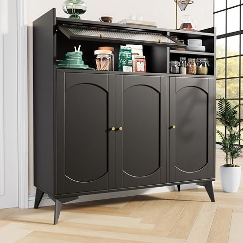 Massbinet Sideboard (120 x 39 8 x 118 5 cm) modernes und Schlichtes schwarzes Sideboard großer Stauraum mit Glastür und goldenem Griff multifunktionales Möbel geeignet für Esszimmer oder Wohnzimmer