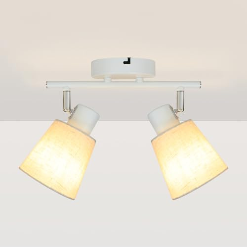 Unikcst 2 Flammig Deckenstrahler E27 Deckenlampe Weiß | Schwenkbar 350°, Modern Leinen Lampenschirm, Decke, Wandlampe für Wohnzimmer Schlafzimmer Küche, Ohne Leuchtmittel