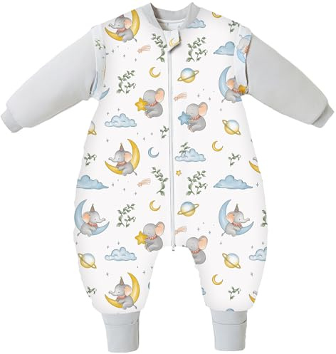 Chilsuessy Grey Elephant 3.5 Tog Sleeping Bag with Feet, Removable Sleeves, Toddler Sleeping Bag Winter, 1-2 Years