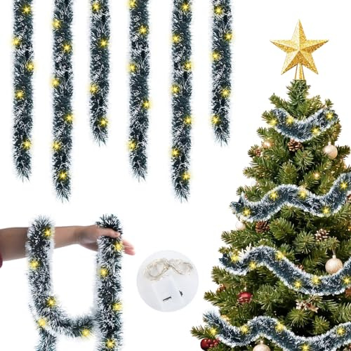 12M/Pack of 6 Lametta Weihnachtsbaum mit Beleuchtung 90 LED, Lametta Weihnachtsdeko Weihnachtsbaum Girlande mit LEDs Warmweiß Tannengirlande Künstlich, Weihnachtsdeko Girlande für Innen Außen