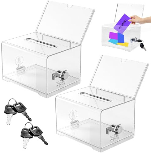 2 Stück Acrylspendenbox, Spendenbox Abschließbare, Losbox, Abschließbare Box mit Schloss und Schlüssel, Transparent Wahlurne für Visitenkarten für Wettbewerbe, Abstimmungen, Gewinnspiele