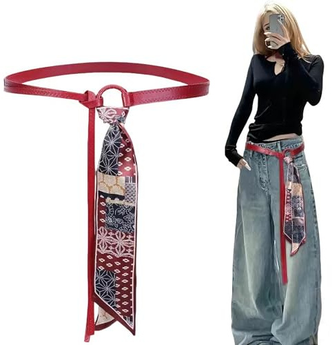 LAOYEFACAI Damen Gürtel Schal Seiden Leder Y2K Hip Hop Punk Vintage Bauchkette für Jeans, Verstellbare Hüftkette, Frauen Breiter Bund Höhe Taille Gurt