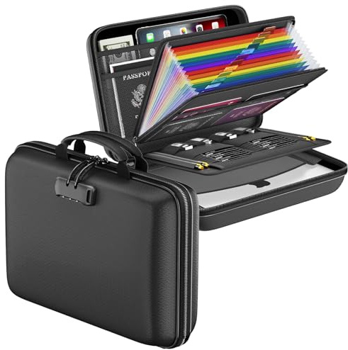 Fireproof Document Box with Lock, Hard EVA Shell File Organiser Case | Waterproof Portable Briefcase for Important Documents, Laptop, Certificates, Passport Storage, 13 Pockets, Black