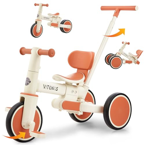 laufrad ab 1 Jahr, 5 in 1 Dreirad mit Schubstange für Kinder, Laufrad für Kleinkinder, Geschenk für Jungen und Mädchen, Beige