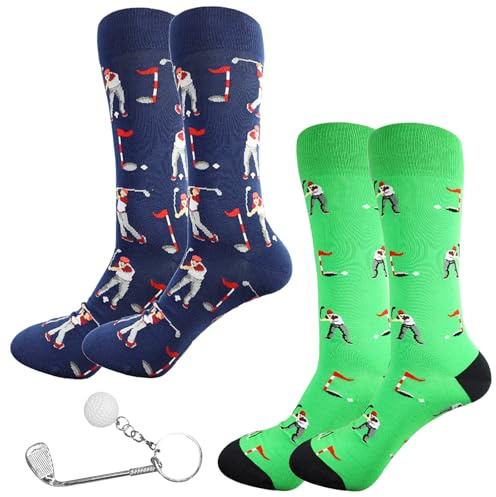2 pcs Chaussettes de Golf,Chaussettes Homme Lot et Porte Clés | Chaussettes Sport Motifs Originales, Idée Cadeau Fun et Pratique pour Golfeurs, Chaussettes Drôles pour Hommes