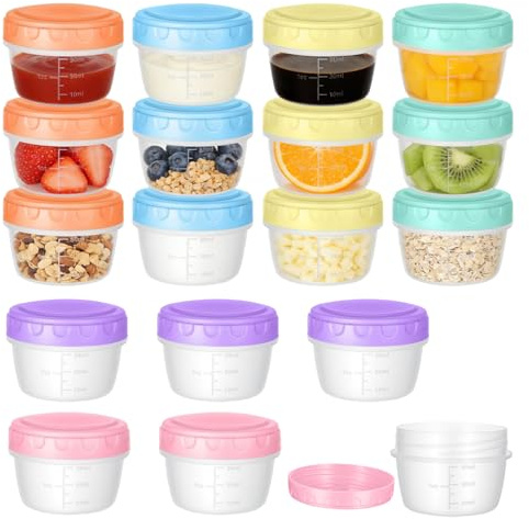 SKIKHN 18 Pack Salad Dressing Container to Go, 80ml 2.71 OZ Salad Dressing Pots, Mini Snack Pots with Graduated, Reusable Leakproof Sauce Containers, for Takeaway, Yogurt, Dips, Soup, Salad (6 colors)