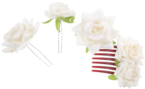 Générique Ensemble 4 Pièces Accessoires Cheveux Mariage Champêtre Beige, Peigne Latéral Fleuri en Tissu, 2 Pinces à Cheveux en U à Motif Floral et Broche Épingle Rose Artificielle, Léger