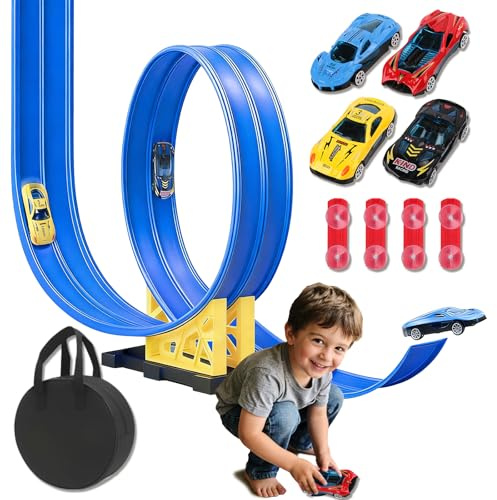Flexible Autorennbahn Kinder 3 4 5 6 Jahre, 4.5 Meter Rennbahn Rennstrecke Auto Spielzeug mit 4 Spielzeugautos und 4 Rampen und 4 Saugnäpfe und 1 Aufbewahrungstasche, für 1:64 Autos (Blau)