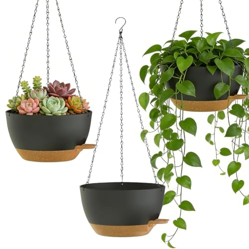 FARYODI Macetero colgante con riego automático, 3 unidades, color negro | Maceta colgante de 25 cm con drenaje para balcón y salón, cocina y jardín
