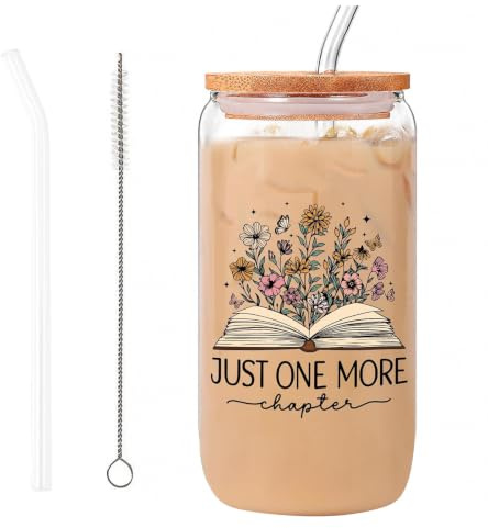 Bryxora Taza de Cristal con Temática de Libros, Vaso para Beber con Tapa de Bambú, Pajita de Cristal y Cepillo de Limpieza