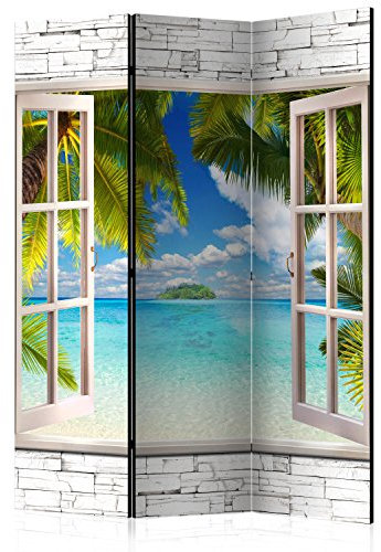 RAUMTEILER/PARAVENT B&D XXL - Paravent Raumteiler Innen Fensterblick Fenster Landschaft 135x172 cm 3-teilig Einseitig Raumtrenner Raum Trennwand Holz Room Divider Spanische Wand Raum blau grau