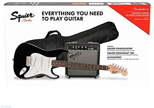 Squier by Fender Stratocaster Beginner Guitar Pack, tastiera in alloro, nera, con gig bag, ampli, tracolla, cavo, plettri e lezioni online