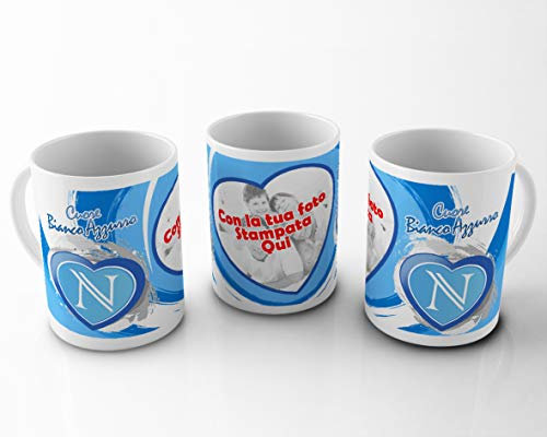 quickgadget Idea Regalo Tazza Sport in Ceramica Personalizzata con Foto per Tifoso Napoletano NApoli Cuore Bianco Azzurro