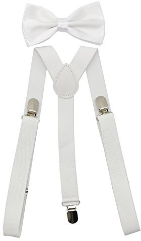 SUNTRADE Hosenträger für Herren und Damen, elastisch, Y-Form, verstellbar, mit Clips und Fliege Gr. Einheitsgröße (Weiß)