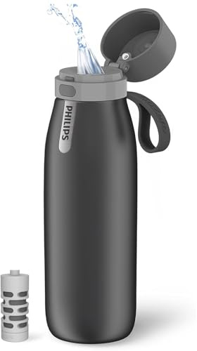 PHILIPS Botella de agua filtrada, botella purificadora de agua de acero inoxidable aislada para la vida diaria y viajes, sin BPA con filtro diario GoZero para agua del grifo más limpia y sabrosa