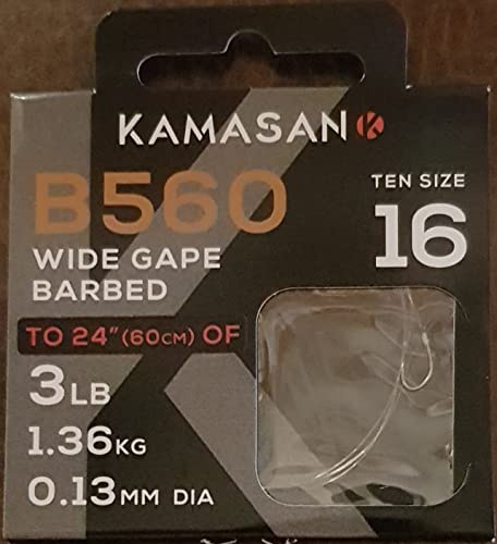 Kamasan B560 Wide Gape Barbed Size 16 To 3lb Nylon 10 Hooks Per Packet