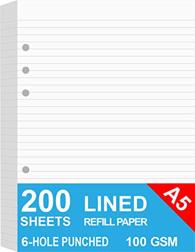(3 Packungen) A5 Liniertes Papier, 300 Blätter Nachfüllpapier für große Leder-Journal/Filofax-Binder, 6 Löcher gelocht, 100 GSM liniertes weißes Füllpapier, 14.8 x 21cm