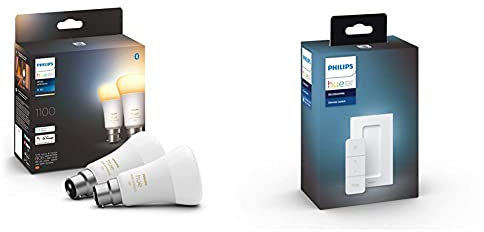 Philips Hue White Ambiance Smart Light Bulb Twin Pack LED [B22] with Bluetooth - 1100 Lumen + Hue Dimmer Switch. Works with Alexa, Google Assistant and Apple Homekit.