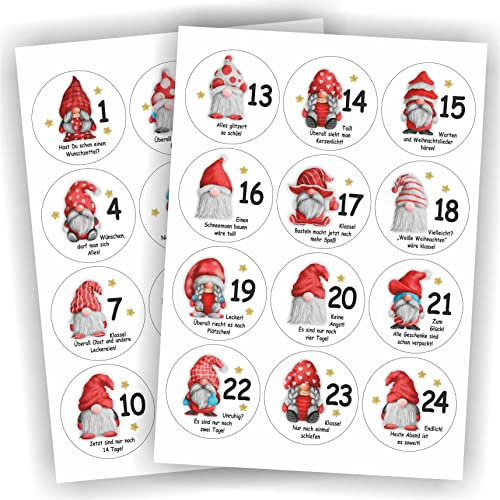 24 Aufkleber Adventskalender Zahlen Fest Weihnachten Aufkleber Sticker DIY Weiß mit Wichteln/Gnomen und Sprüchen