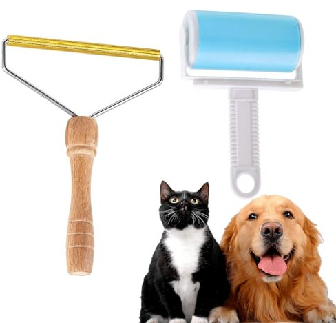 2 Pcs Lint Remover on Carpet + Washable Sticky Roller, Pet Hair Remover, Wooden Dog Hair Remover Roller Reusable Lint Roller, Sticky Lint Brush for Dog, Cat Hair Remover