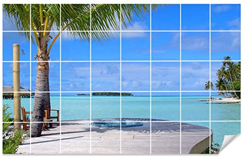 GRAZDesign Fliesenaufkleber Bad selbstklebende Fliesen Motiv Palme Meerblick Klebefliesen - Bild: 135x90cm (BxH)