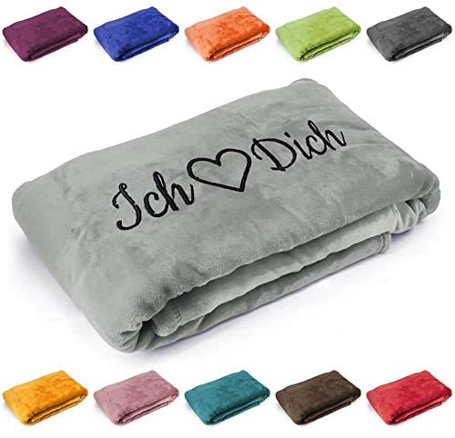 Kuscheldecke 'Ich Liebe Dich', Geschenk zu Valentinstag, Geburtstag, Hochzeitstag, hochwertig Bestickt, 200cm x 150cm extra weiche und gemütliche Sofadecke/Wohndecke, hochwertiges Fleece (Grau)