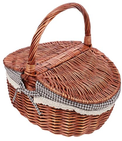 iplusmile Weide Picknickkorb mit Deckel - Weidenkorb mit Dunkel Weiß Kariertem Innenfutter - Einkaufskorb Aus Weide für Picknicks, Partys