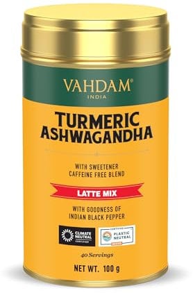 VAHDAM, Golden Milk Powder/Turmeric Ashwagandha Latte Mix (100g, 40 Cups) Caffeine-Free | Powerful Curcumin, Turmeric Powder & Ashwagandha | Brew Hot/Iced Tea or Turmeric Latte