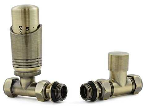 Hot Flow Antique Brass Cascade Straight Modern TRV Thermostatic Radiator Valve (Pair) Includes TRV Body & One Lock Shield for Quick & Easy Temperature Control. Perfect for Energy Saving.