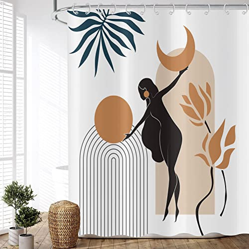 ASDCXZ Boho Style Duschvorhang 180x180 cm, Modern Abstrakt Kunst Mädchen Tag Monat Weiß Bad Waschbar Duschvorhänge Polyester Textil Wasserdicht Duschvorhang für Badewanne mit 12 Haken