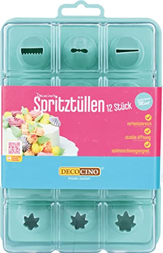 DECOCINO Spritztüllen 12er-Set - Mint Edition - hochwertige Tüllen aus Kunststoff, ideal zum Dekorieren von Cupcakes, Torten uvm. - spülmaschinengeeignet