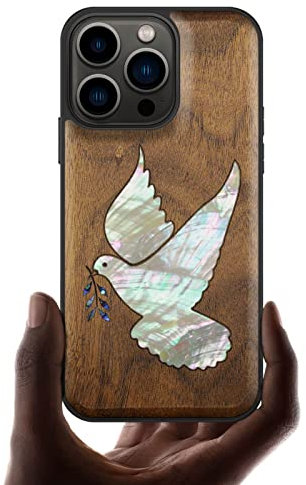 Carveit Coque magnétique pour iPhone 13 Pro Étui de Protection TPU [Gravure en Bois et Incrustation de Coquille] Coque Compatible avec 13 Pro Coque Magsafe Case (Noyer-Colombe Blanche)