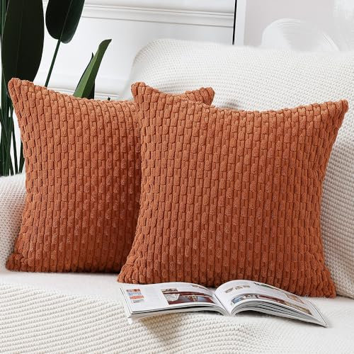 Madizz 2er Set Boho Gestreifte Kissenbezüge Weicher Kord Dekorativer Kissenbezug für Schlafzimmer Sofa Kissenhülle Ziegelrot 50 x 50 cm