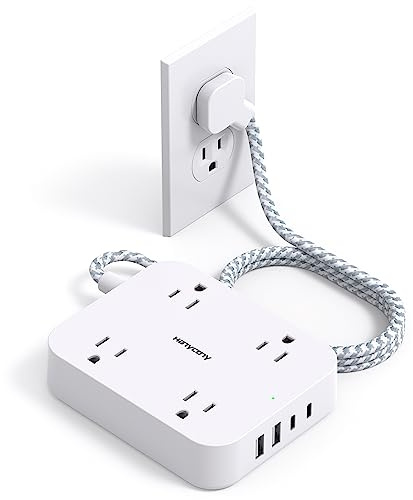 Flat Plug Extension Cord, HANYCONY 5ft Power Strip with 4 USB Ports(2 USB C), 4 Widely Outlets Extender, Wall Mount, Desk Charging Station for Office School Travel Dorm Room Essentials, ETL Listed