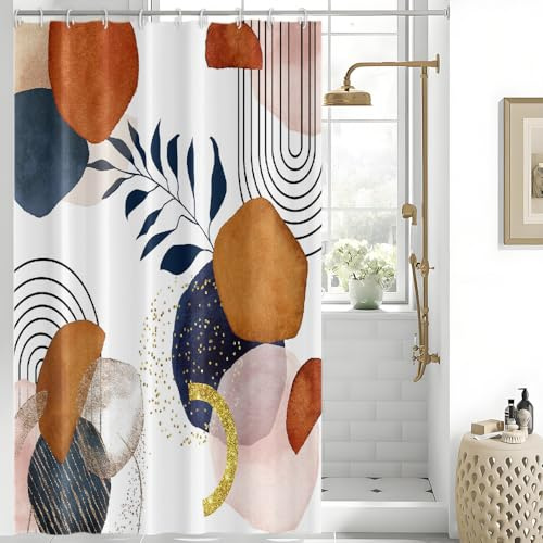 Uiiooazy Tenda Doccia Antimuffa, Tenda da Doccia 150x180cm Terracotta Boho Style Astratta Blu Rosa Geometrico Tende da Bagno Tessuto Lavabile Impermeabile Tende per Vasca da Bagno con 10 Anelli