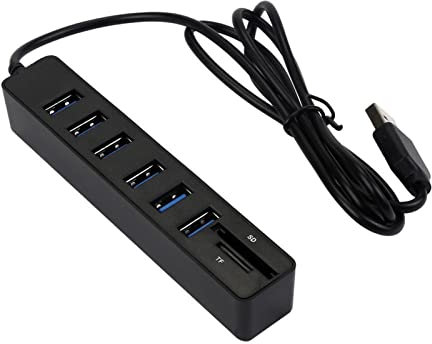 ulafbwur Divisor USB Hub USB con cable largo de 6 puertos de gran expansión Plug and Play Transferencia de datos intercambiables en caliente Lector de tarjetas ABS SD/TF Hub de datos para portátil