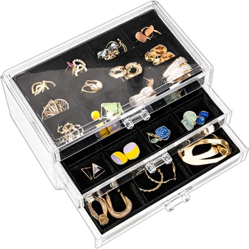 ProCase Earring Holder Organizer Jewelry Box with 3 Drawers, Acrylic Clear Earring Case with Adjustable Velvet Trays for Women - Black, 3 Layers