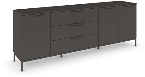 Rauch Möbel Flipp, Sideboard, TV-Schrank, Kommode mit Stauraum, mit Metallkufe Graphit, Graphit, Schwarz, 3-türig, 3 Schubladen, Griffe Graphit, 199x72x42cm