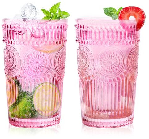 Loivttvv 6pcs Vintage Drinking Glasses Set, 12 oz Pink Highball Glasses, Embossed Ribbed Glassware Cups for Cocktail, Water, Juice, Coffee, Whiskey